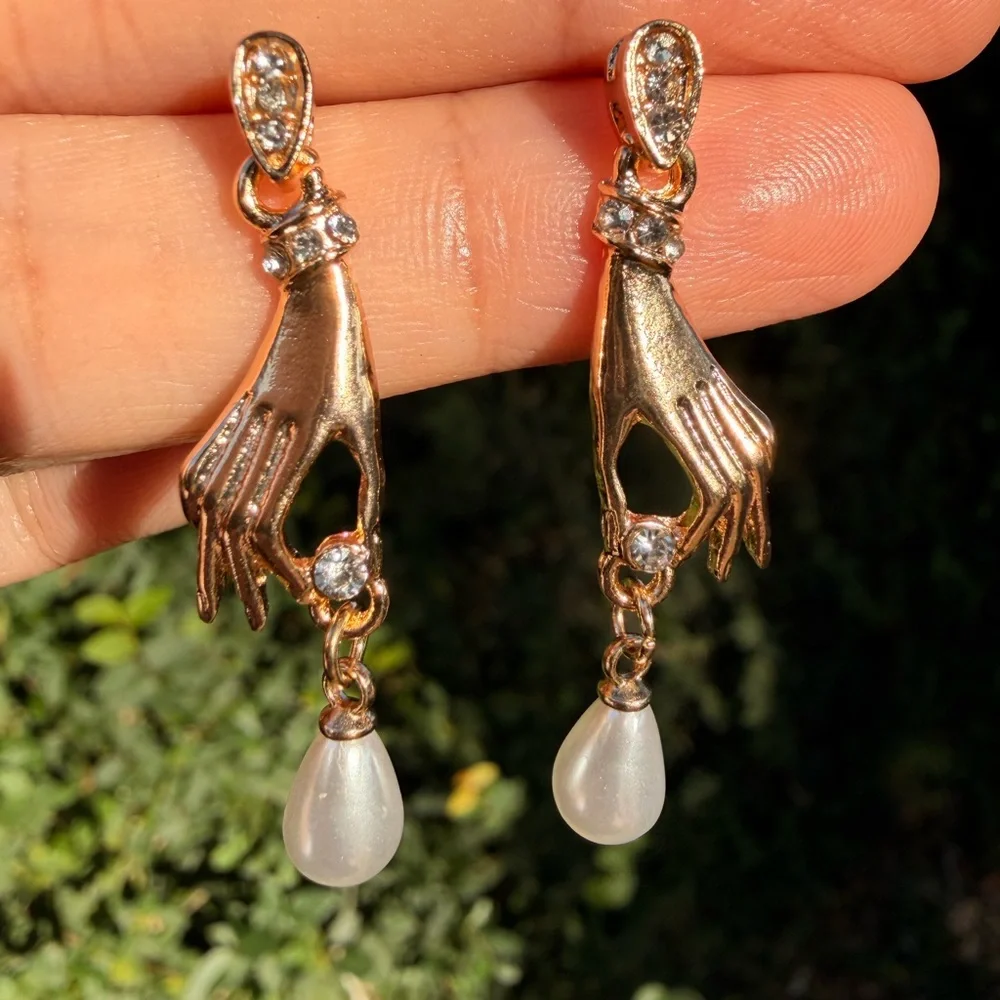 Gold Hand Pearl Drop Earrings - Vintage Style Diamond Dangle Earrings - Picture 3 of 7